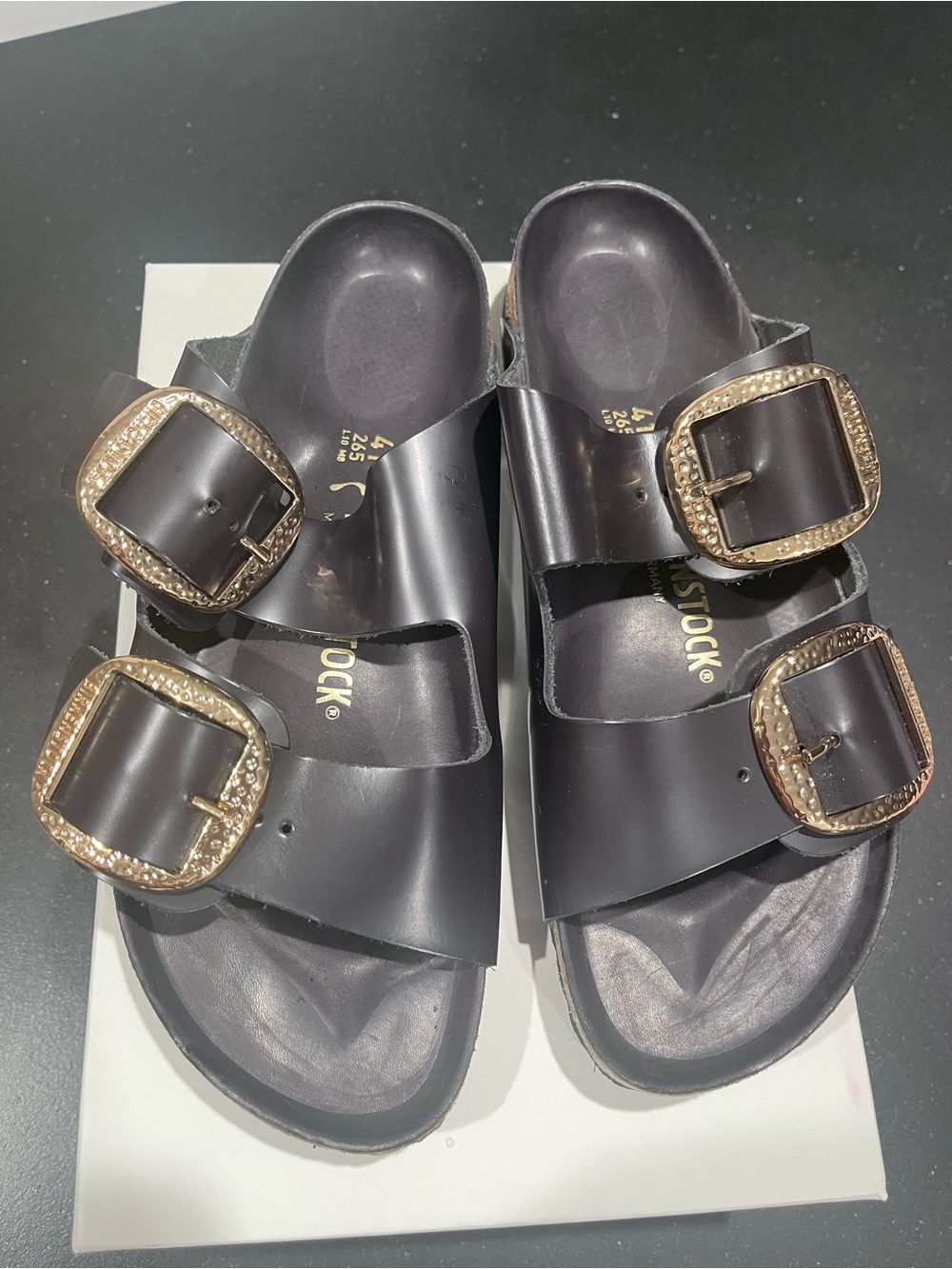Birkenstock Black Double-Strap Sandals with Gold Buckles